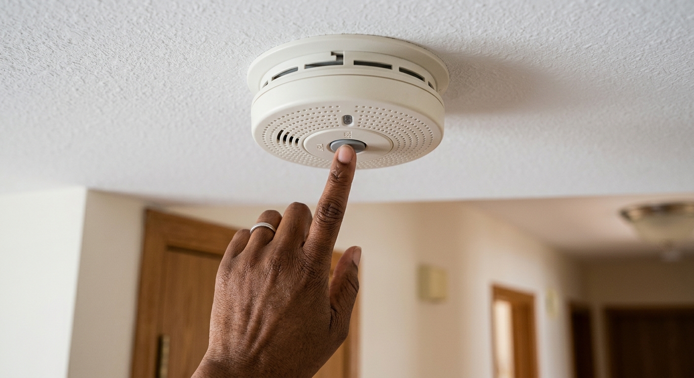 Hand presses the smoke alarm test button.