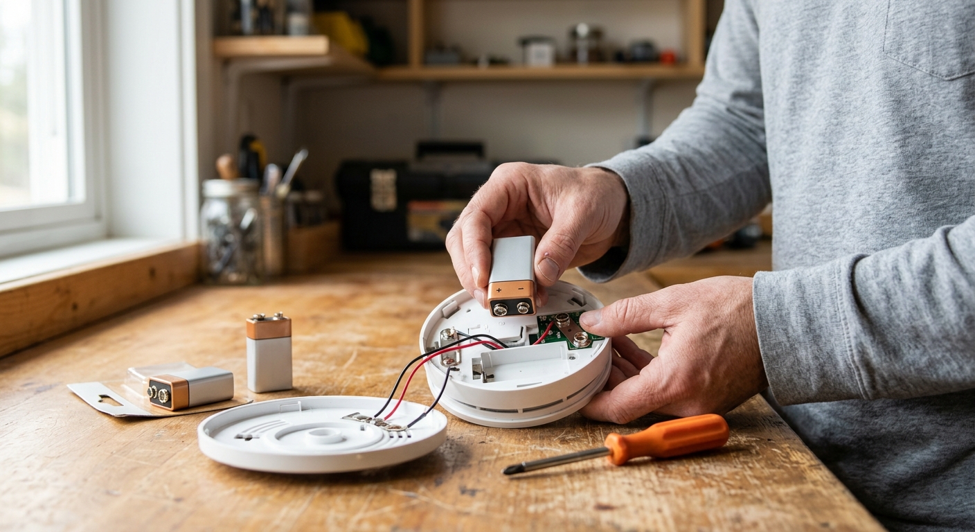 Person changes a smoke alarm battery on a table.