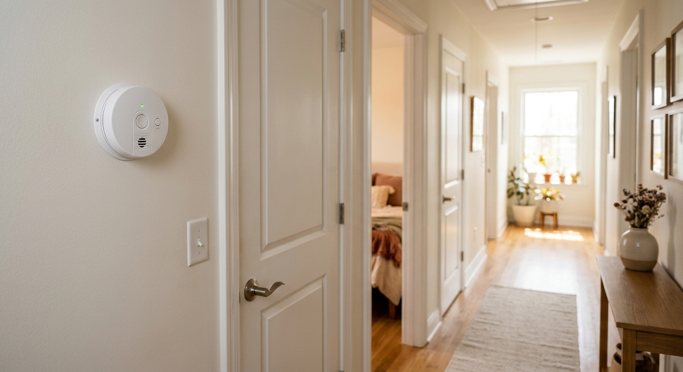 Carbon monoxide alarm mounted outside sleeping areas.