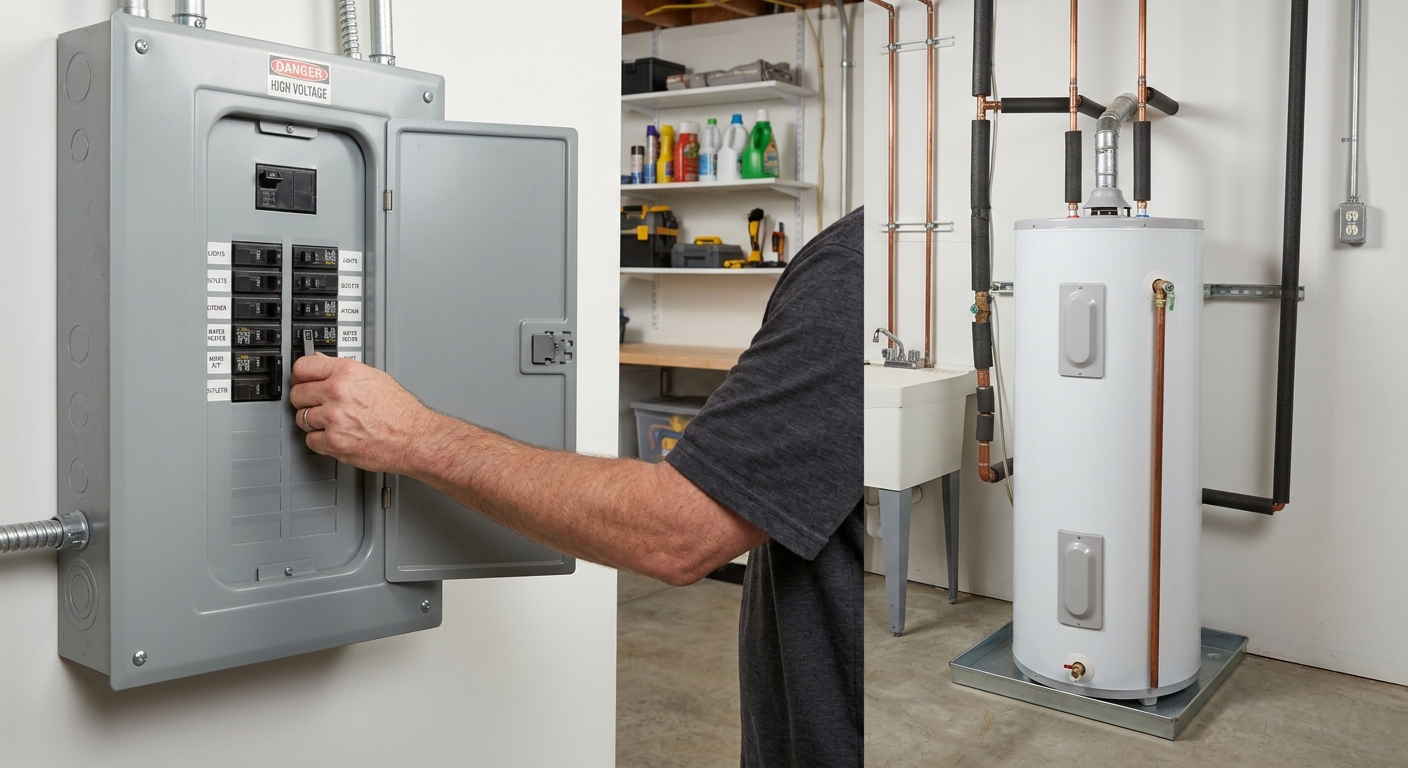 A homeowner turns off power at a water heater before starting seasonal maintenance.