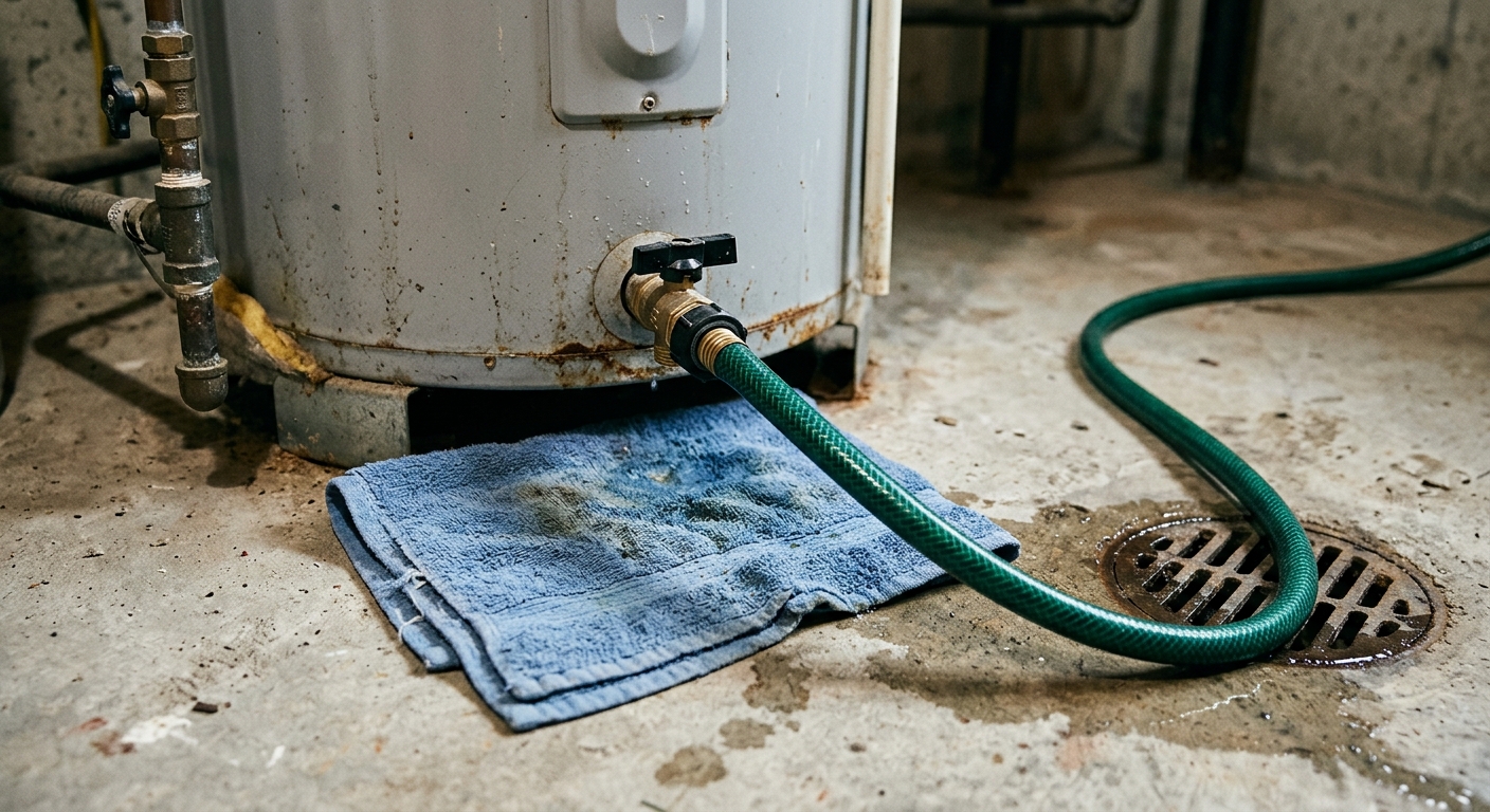 A hose runs from the drain valve of a tank water heater to a floor drain.