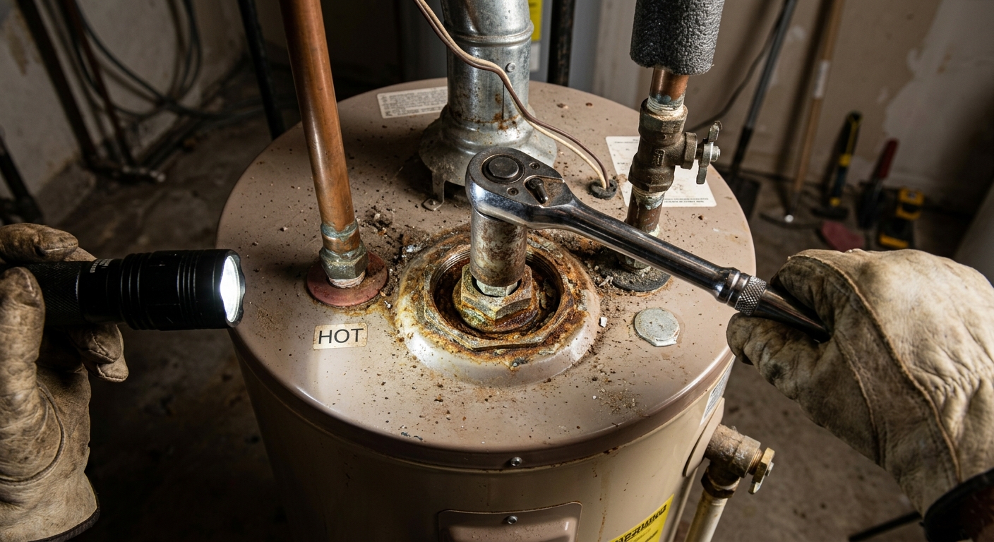 A 1-1/16-inch socket is positioned over the anode rod head on top of a water heater.