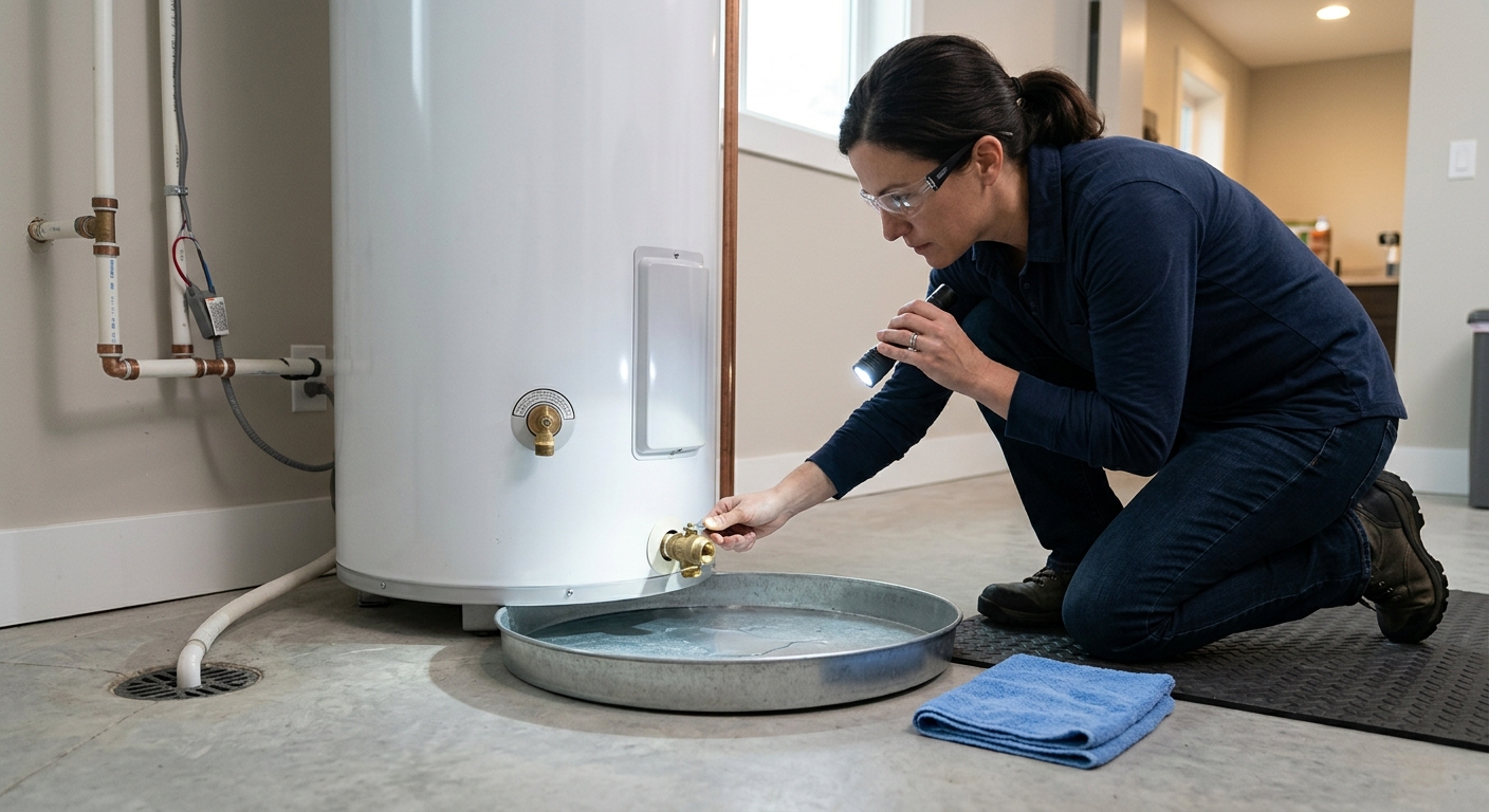 A homeowner checks the drain valve and pan for leaks after refilling the water heater.