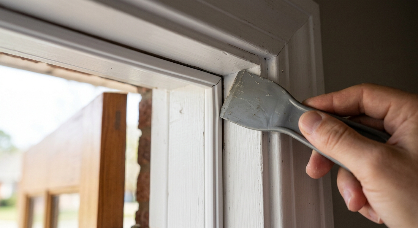 Kerf weatherstripping pressed into a basement door jamb
