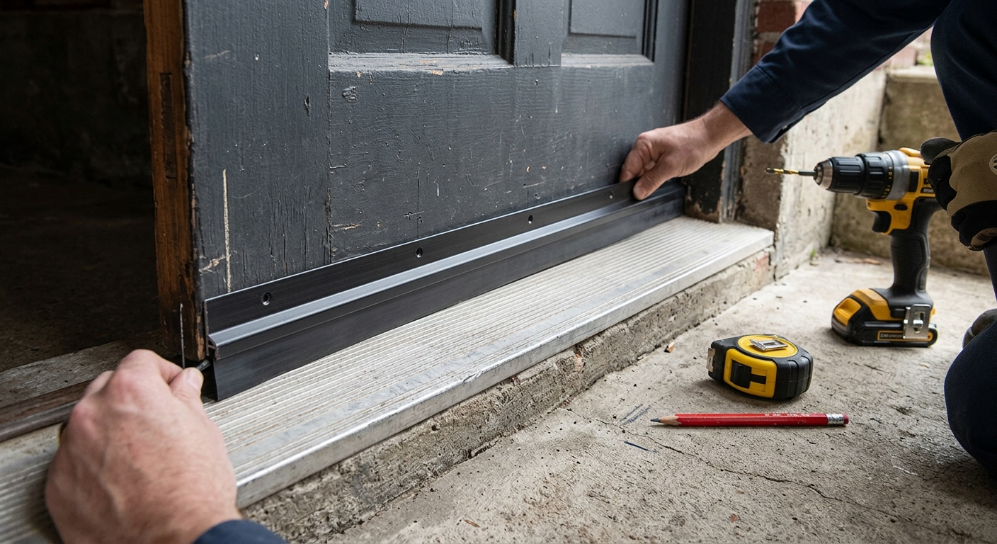 Adjustable door sweep aligned along the bottom of a basement door