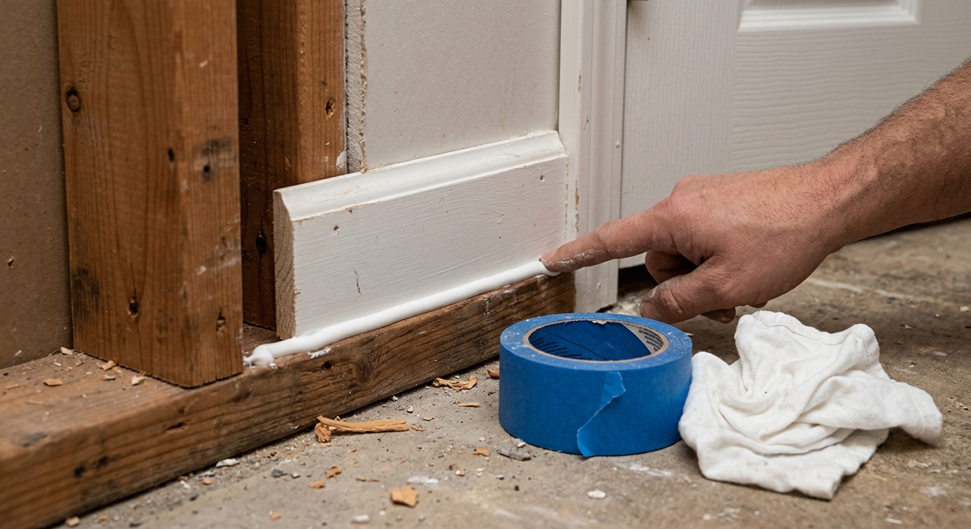 Caulk sealing a stationary trim gap beside a basement door