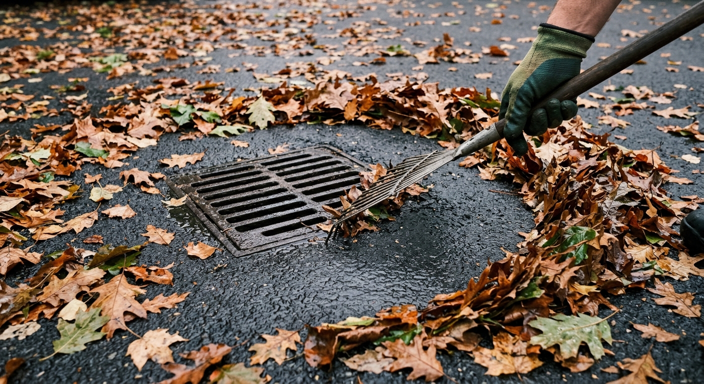 Leaves cleared away from an outdoor drain grate