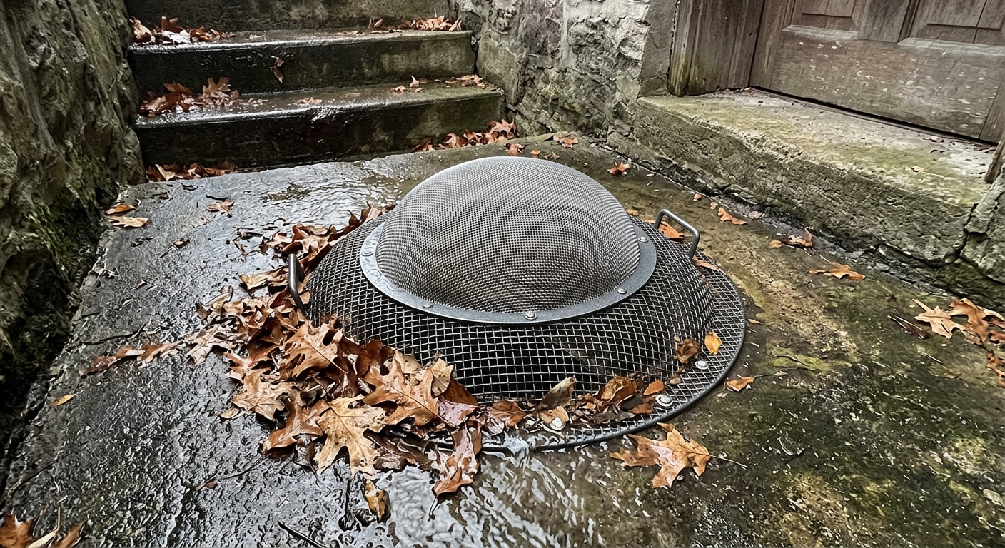 Removable leaf cover protecting a basement stairwell drain