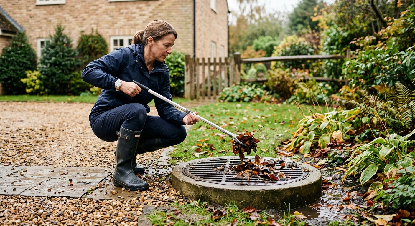 Homeowner inspecting an outdoor drain after rain