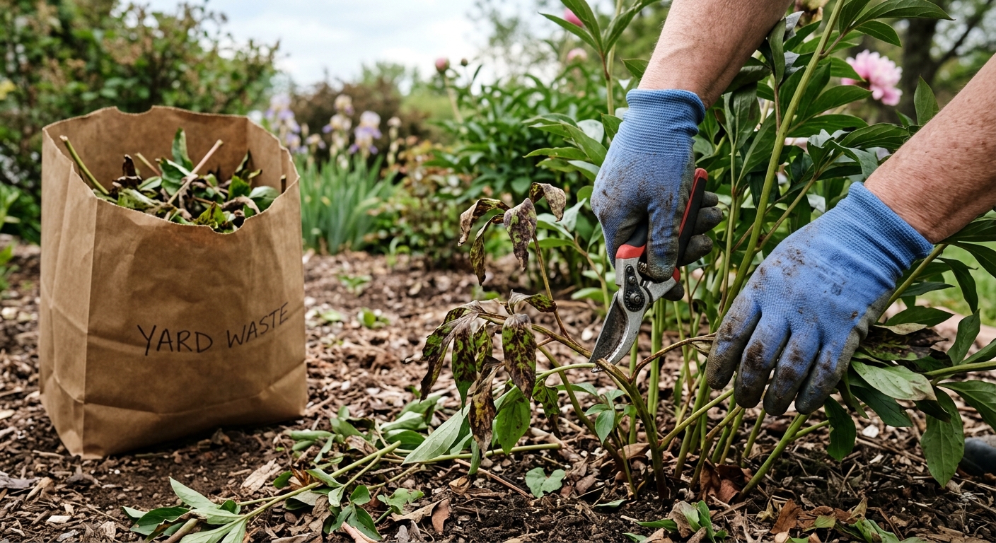 Pruners cutting diseased fall foliage for disposal