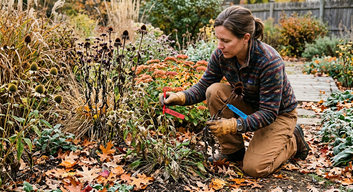 Gardener marking what to remove and leave in a fall garden bed