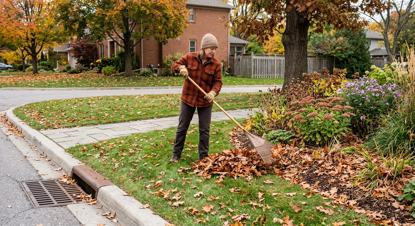 Whole fall leaves raked from lawn into a garden bed