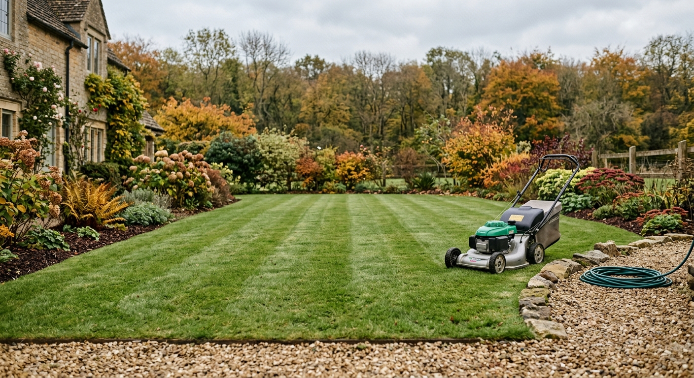 A finished fall lawn after leaves and clippings have been checked