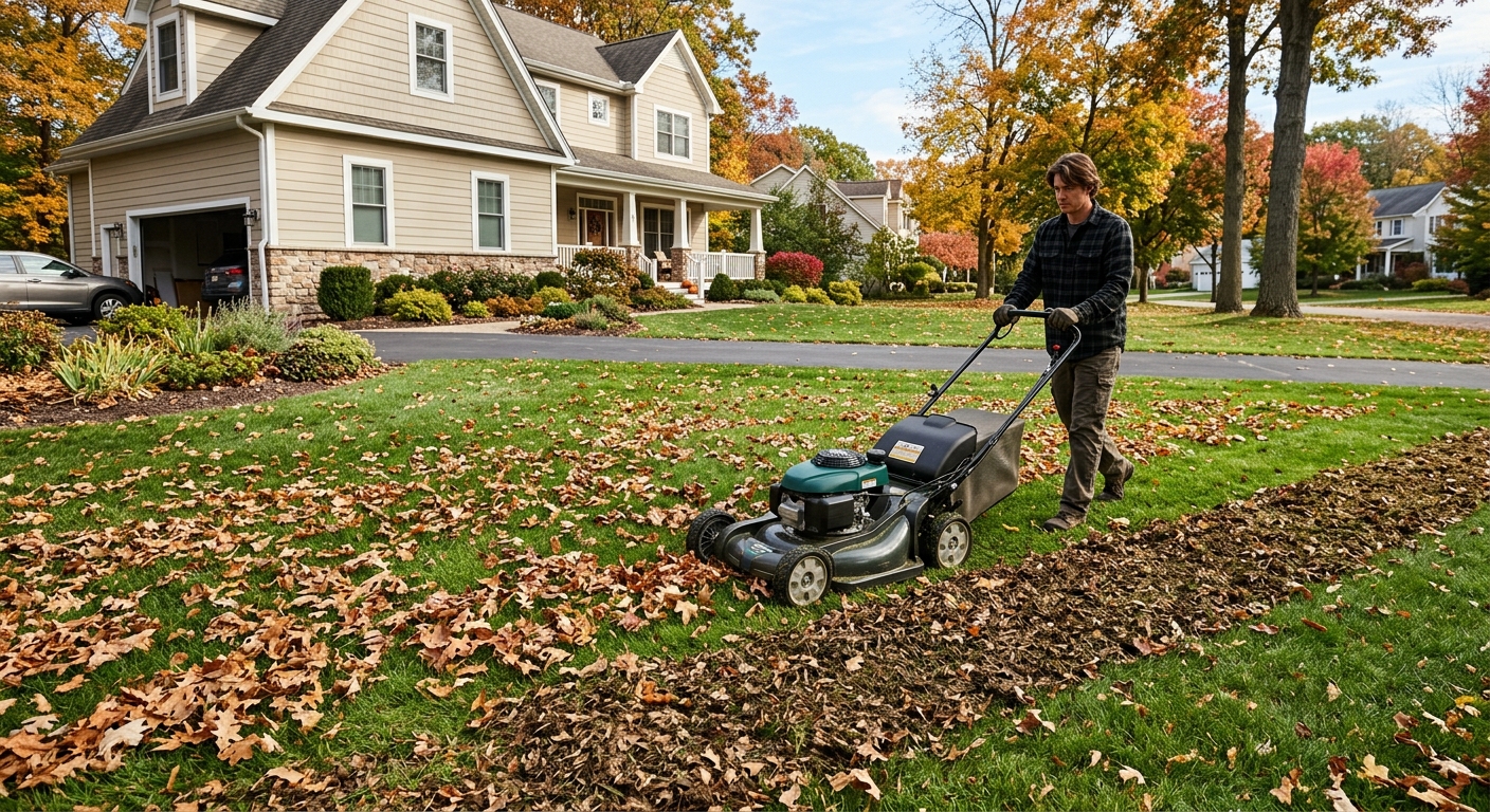 Dry fall leaves being mulched into small pieces during mowing
