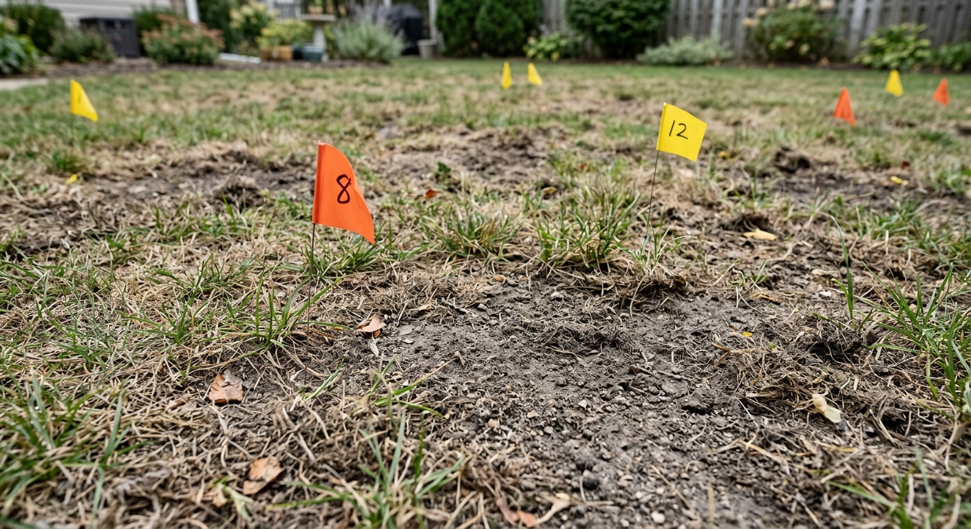 A patchy lawn with thin grass and exposed soil marked for overseeding.