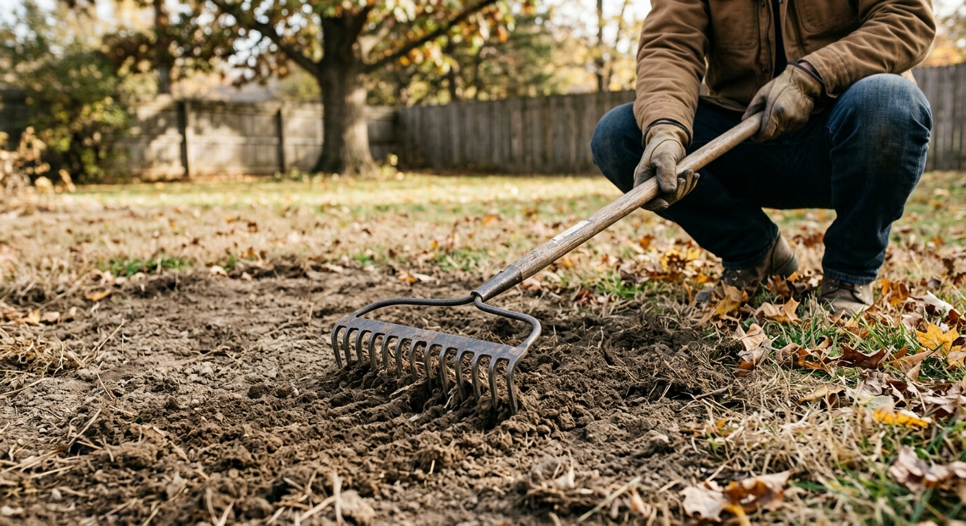 A bow rake loosens the top layer of soil in a bare lawn patch.
