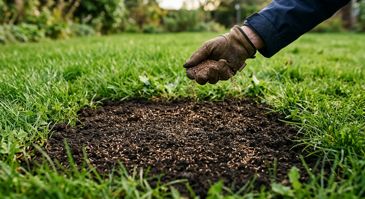 Grass seed is spread by hand across a prepared patch in two directions.