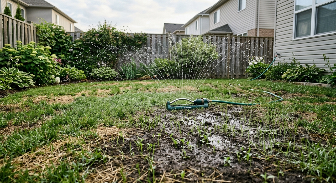 A gentle sprinkler waters newly overseeded lawn patches without puddling.