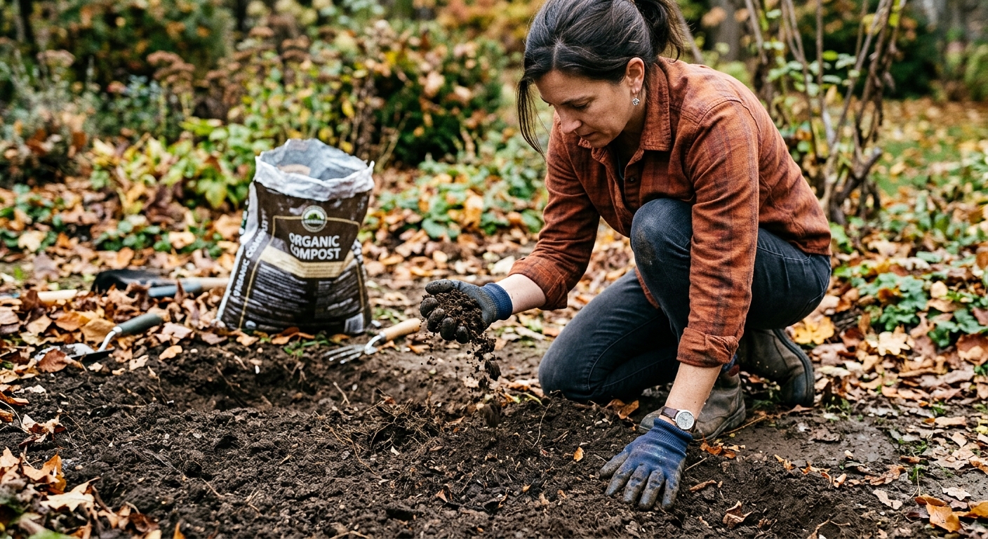A gardener tests loose garden soil in a fall flower bed before planting bulbs.