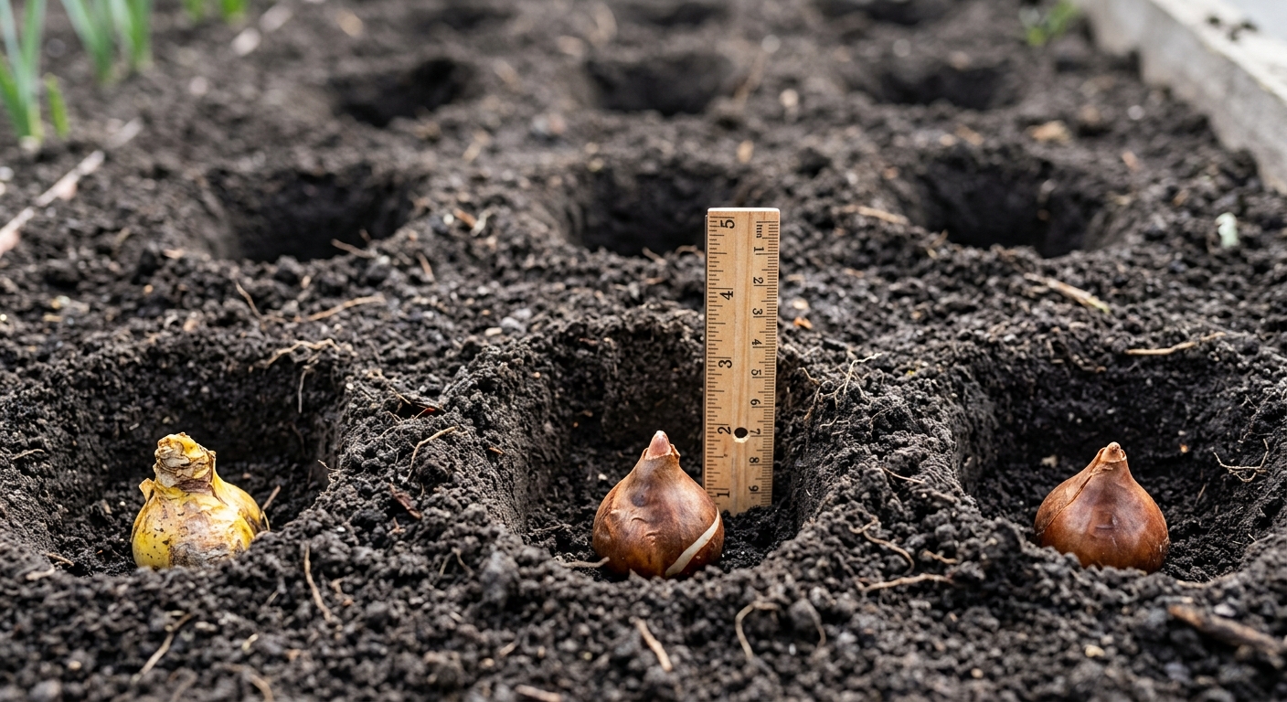 Spring bulbs are placed point-up in evenly spaced holes in a prepared bed.