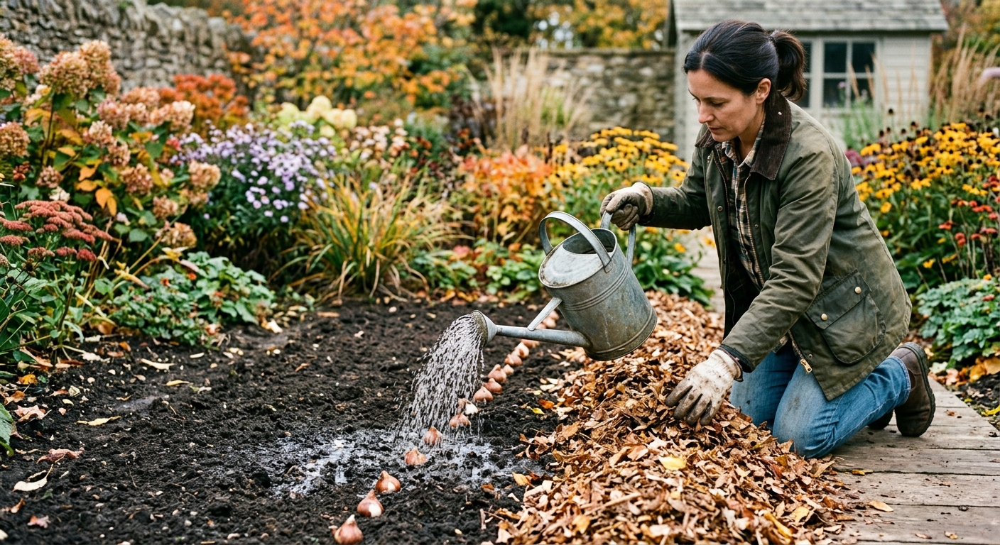 A freshly planted bulb bed is watered gently and covered with a thin mulch layer.