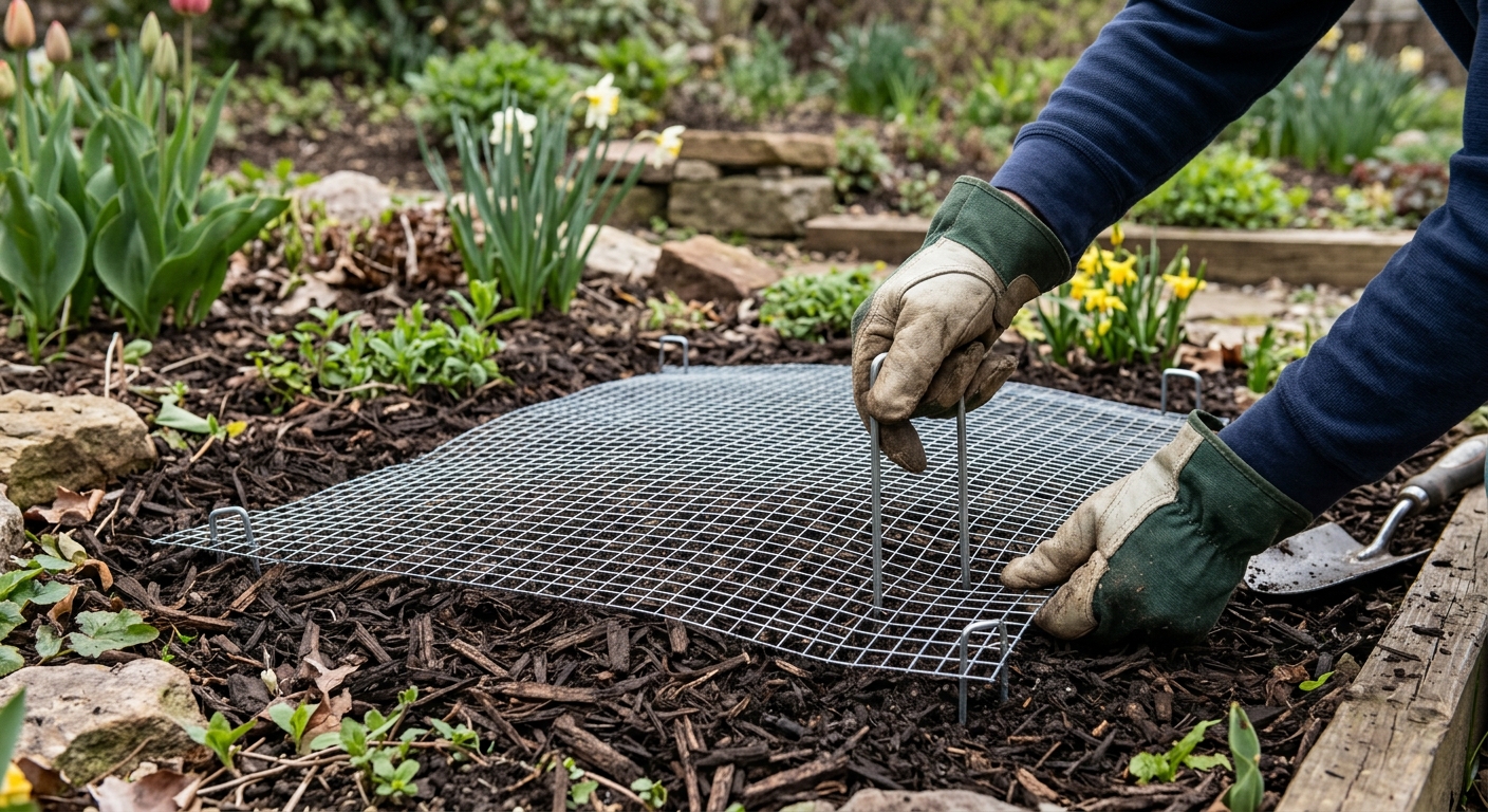 Hardware cloth is cut and pinned over a newly planted bulb bed to deter squirrels.