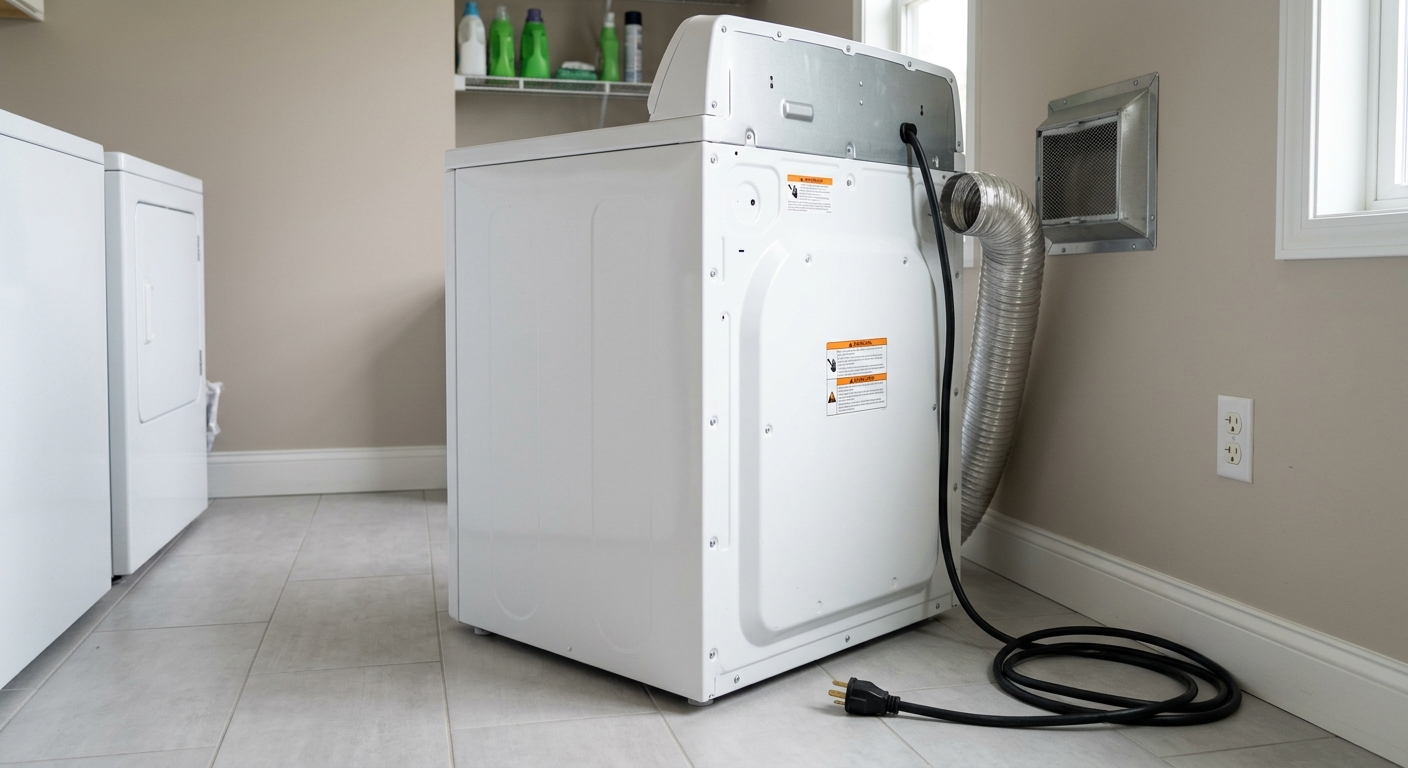 Dryer pulled forward with the cord unplugged and the vent connection visible.