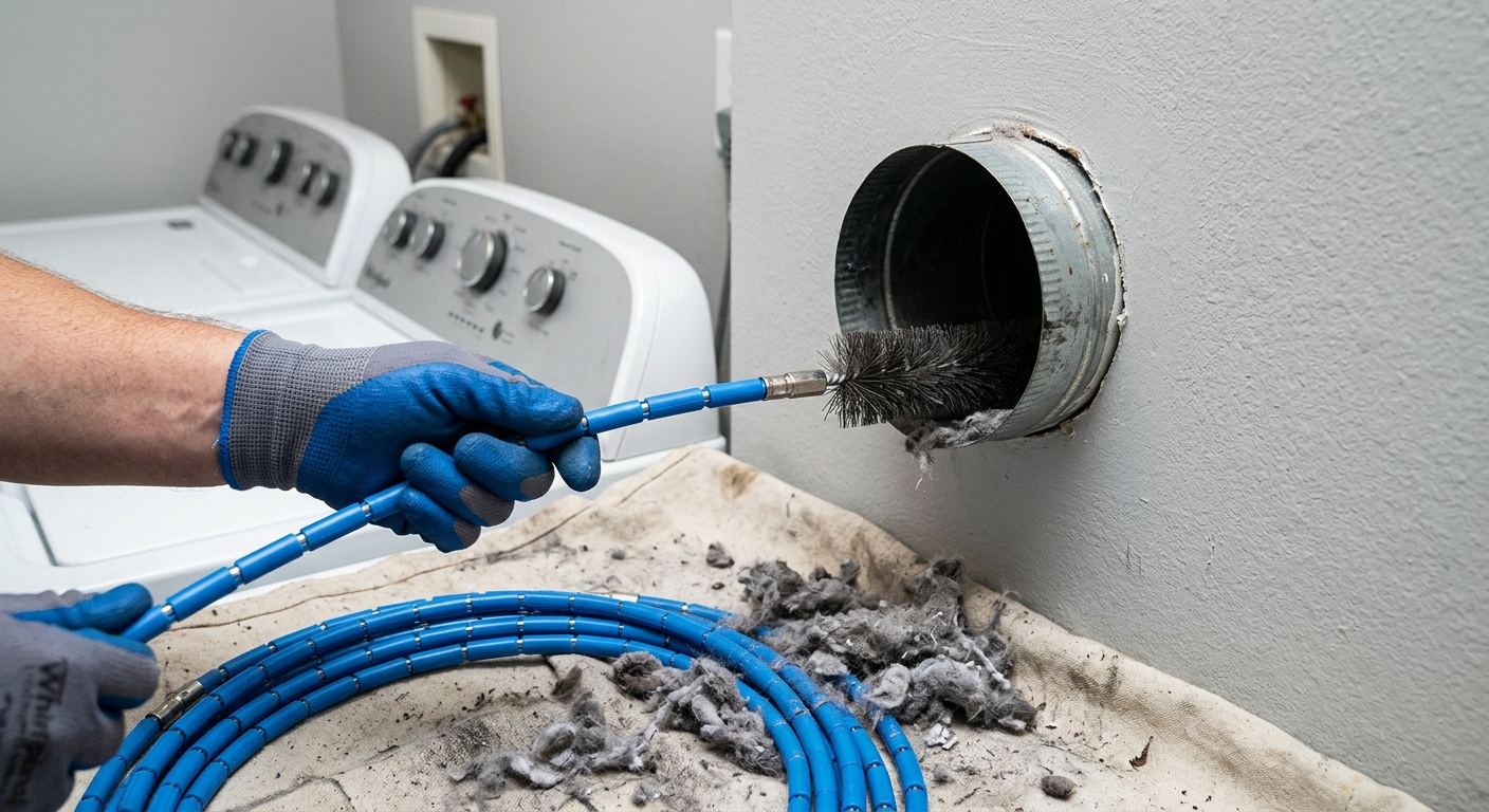 Rotary dryer vent brush being fed into a metal wall duct.