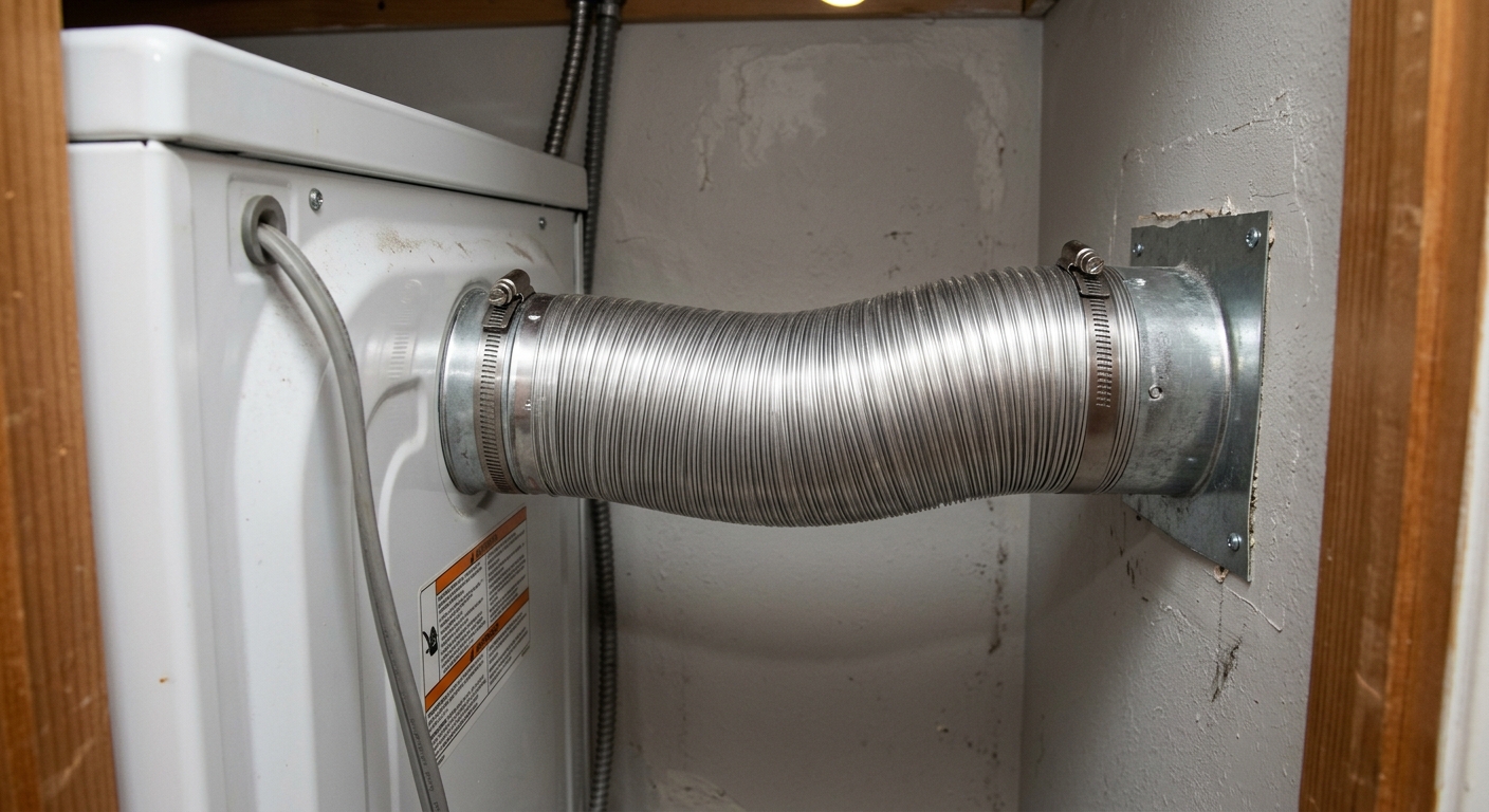 Semi-rigid metal dryer duct connected without being crushed behind the appliance.