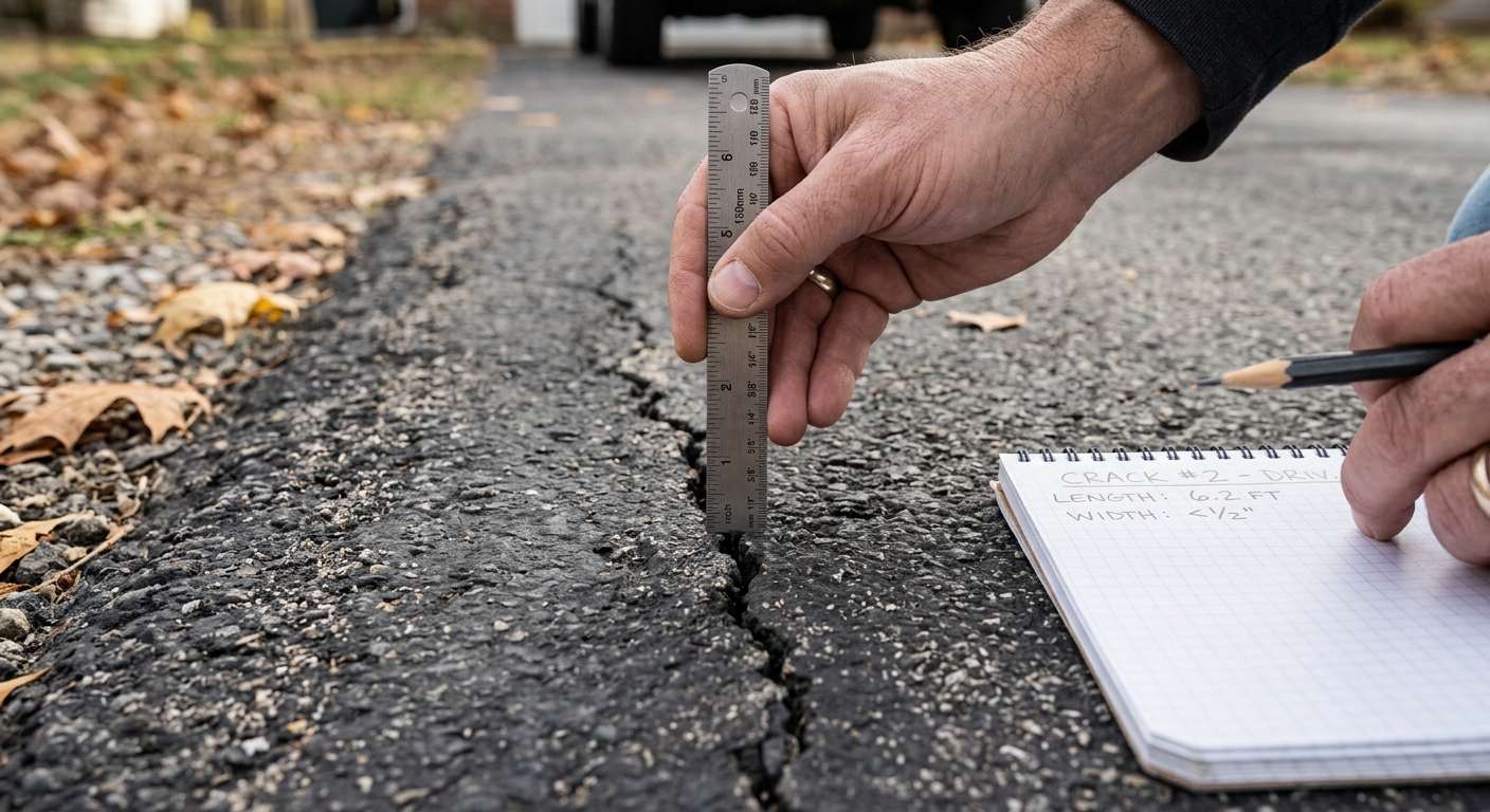A close view of narrow asphalt cracks being checked with a ruler before repair.