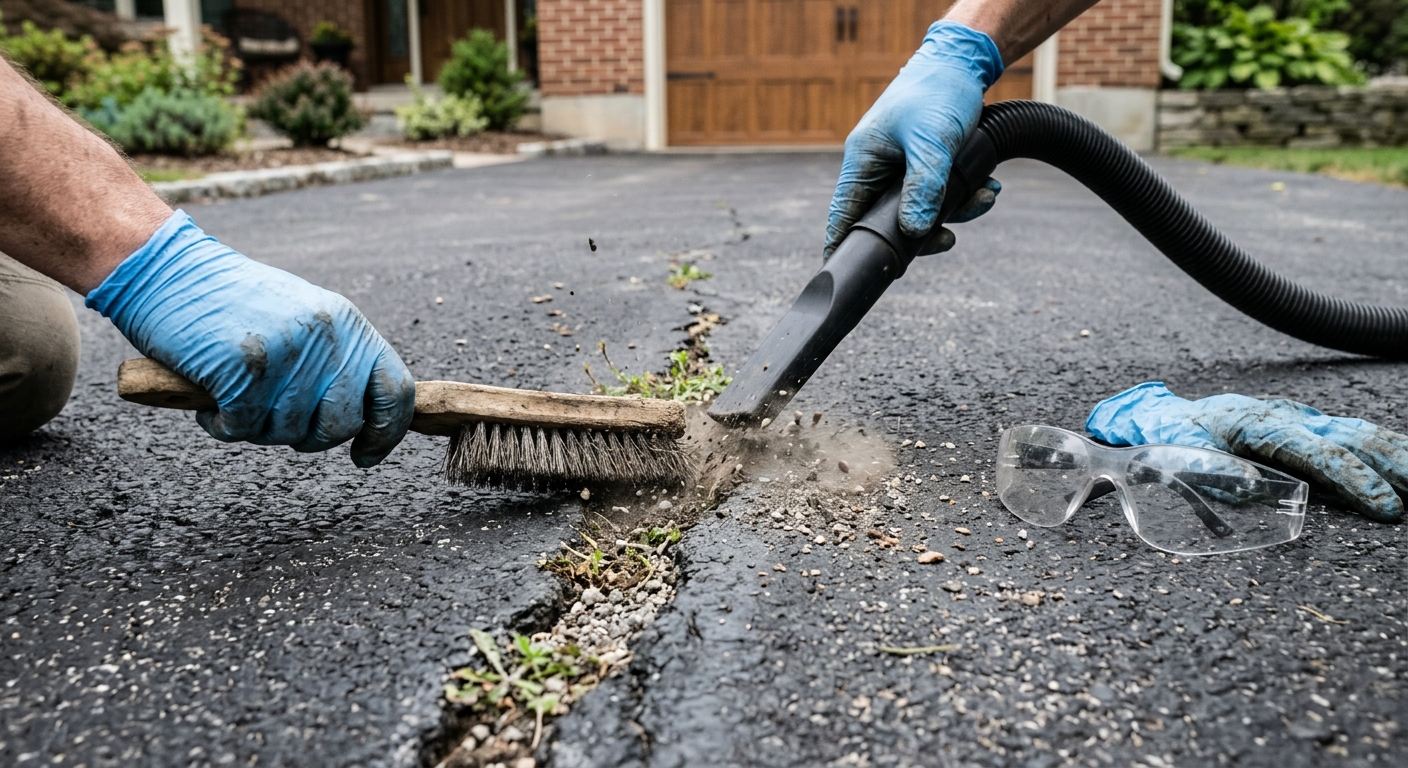 A stiff brush and vacuum clearing debris from a driveway crack before filler.