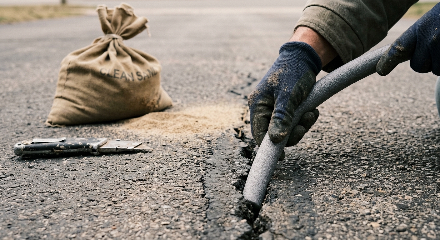 Closed-cell backer rod pressed into a deep asphalt driveway crack before sealing.
