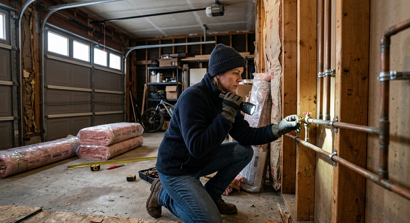 A homeowner inspects exposed copper water pipes along a garage wall before insulating them.