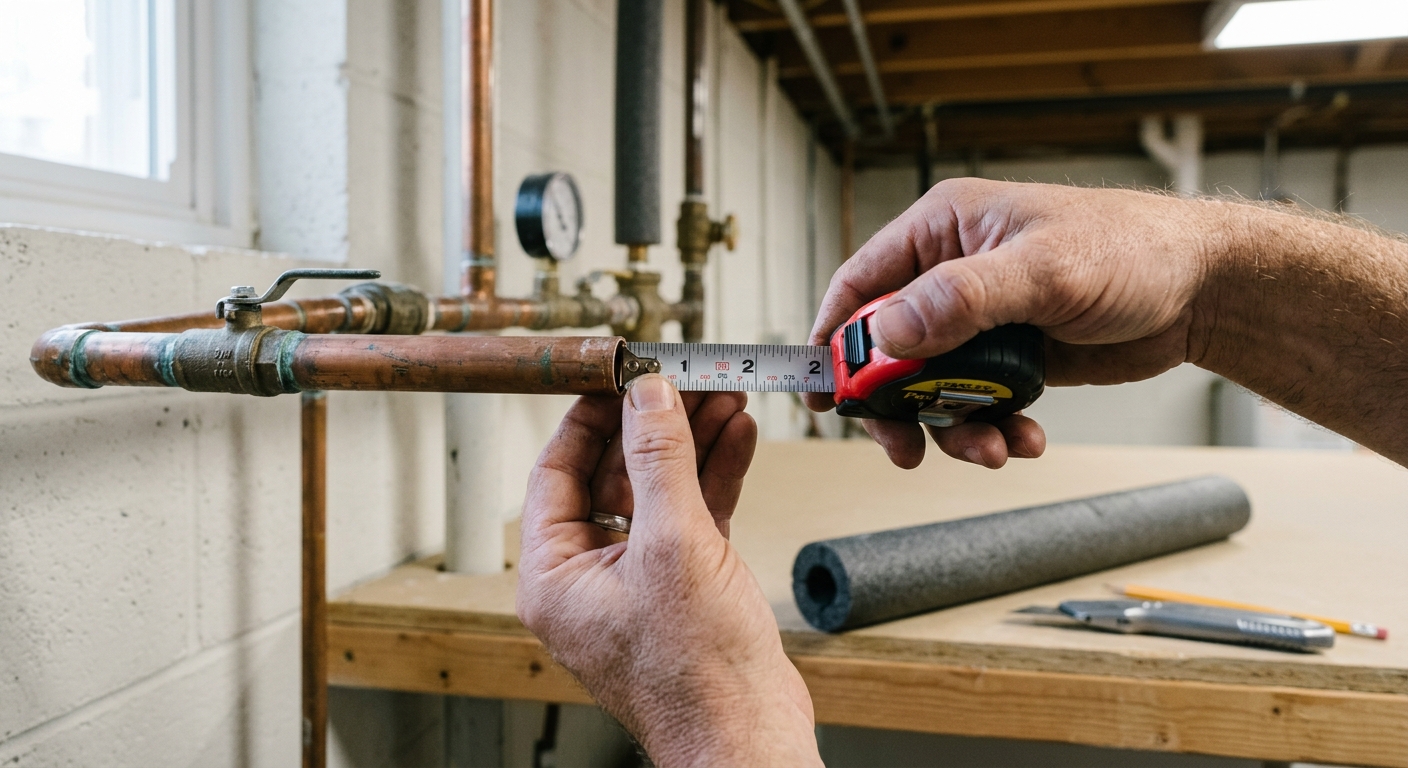 A tape measure checks the outside diameter of an exposed water pipe before foam sleeves are cut.