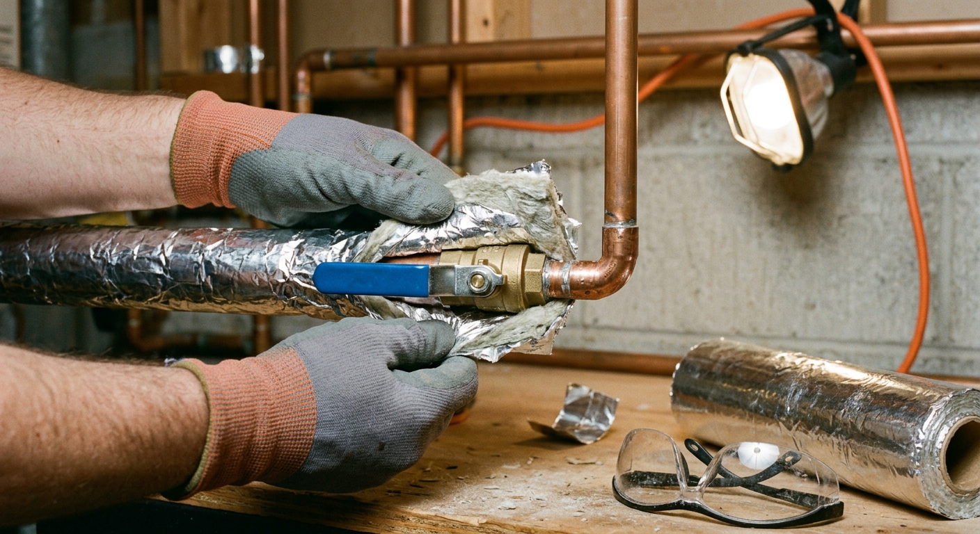 Foil-backed fiberglass pipe wrap covers elbows and valves while leaving the shutoff handle accessible.