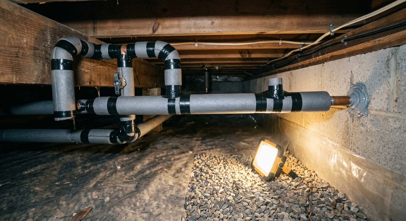 A finished insulated pipe run in a crawl space has taped seams, covered elbows, and sealed wall penetrations.
