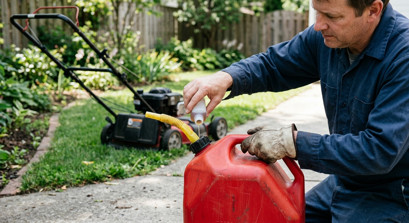 Fuel stabilizer being measured into a gas can before mower storage