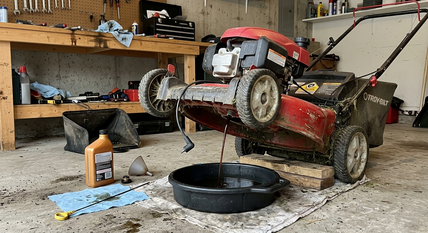 Old lawn mower oil draining into a pan before winter storage