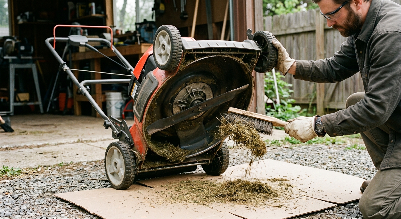Packed grass being brushed from the underside of a lawn mower deck