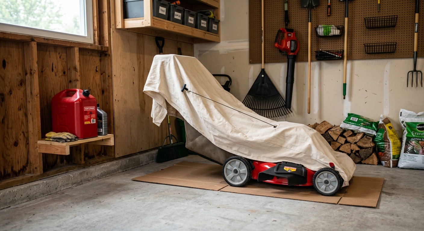 Clean lawn mower stored in a dry garage for winter