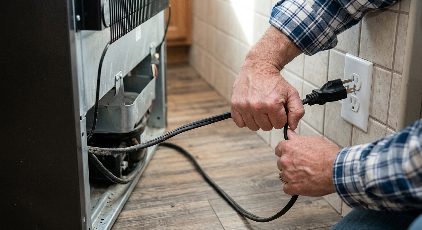 Hands unplugging a refrigerator before cleaning the coils