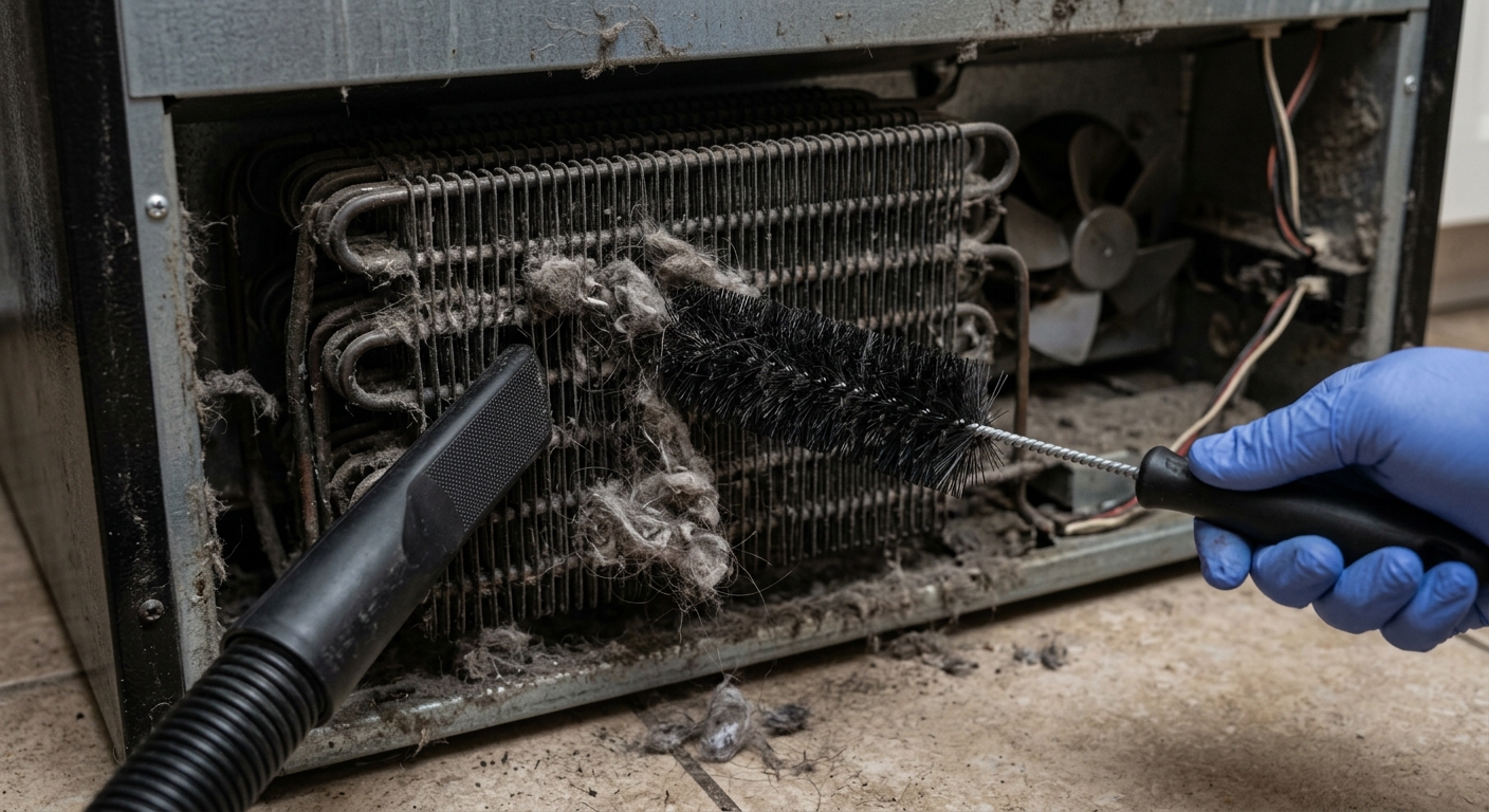 Long coil brush loosening lint from refrigerator condenser coils