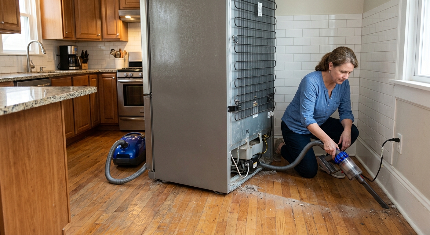 Vacuuming debris behind the refrigerator before pushing it back