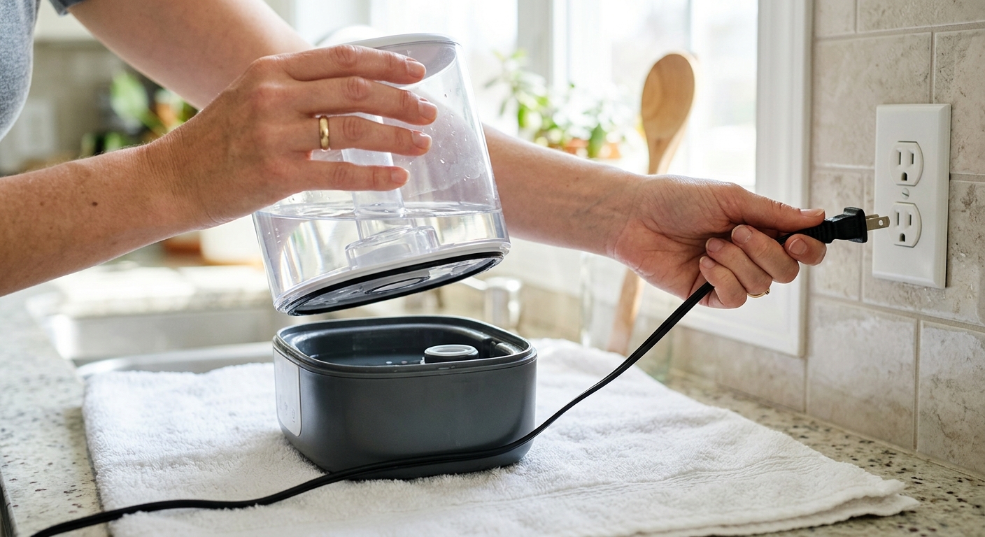 Hands remove the tank from an unplugged humidifier on a towel