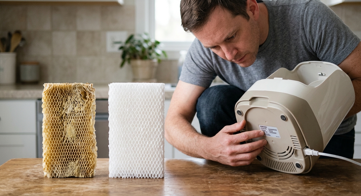 Old humidifier wick compared with a clean replacement filter