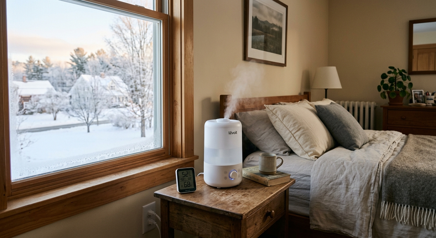 Humidifier test run monitored with a digital hygrometer in a bedroom