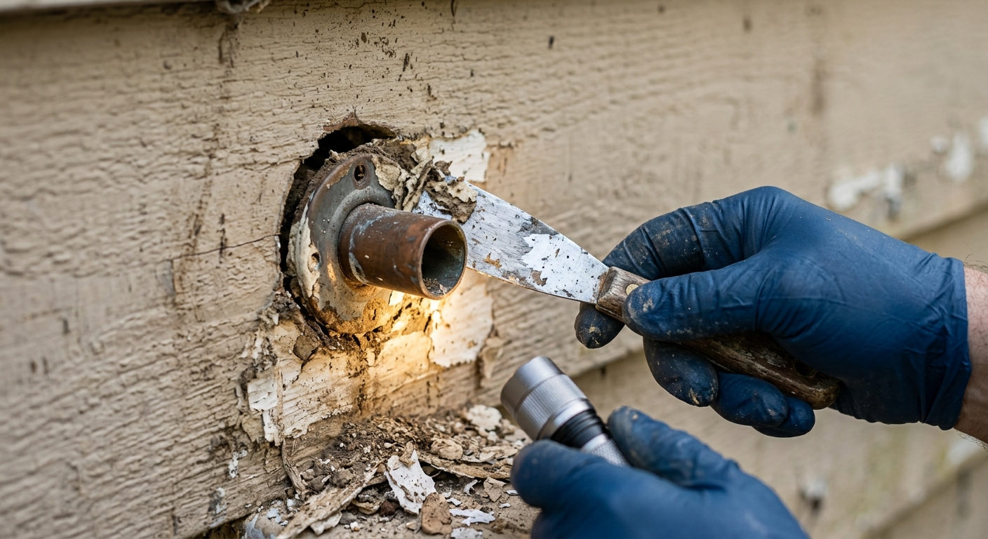 A homeowner cleans old caulk and dirt from an exterior pipe gap.