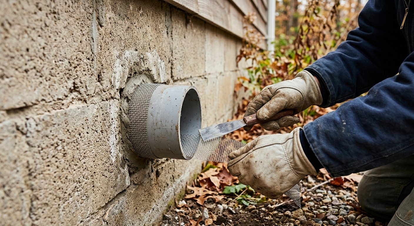 Stainless pest mesh is packed around a pipe before sealing.