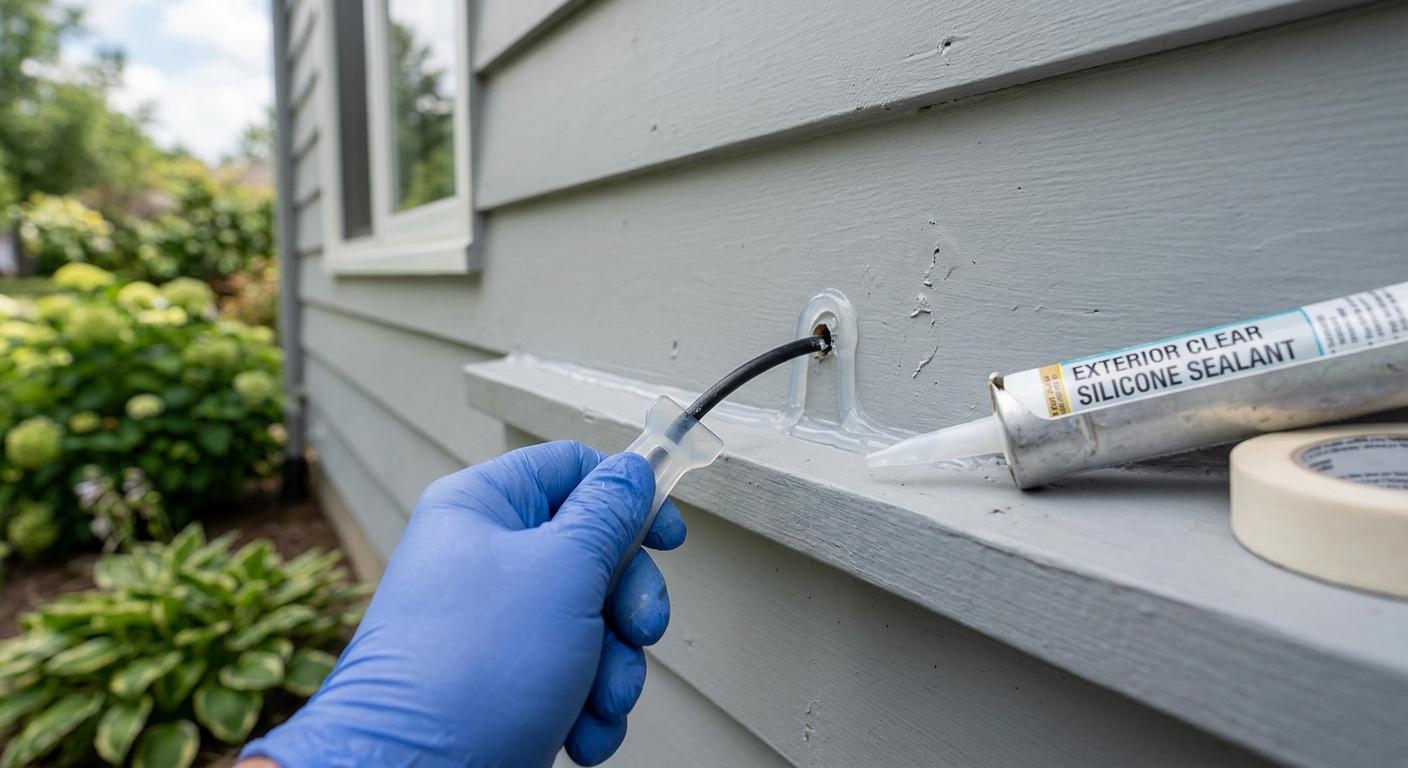 A smooth exterior sealant bead is tooled around a small wire penetration.