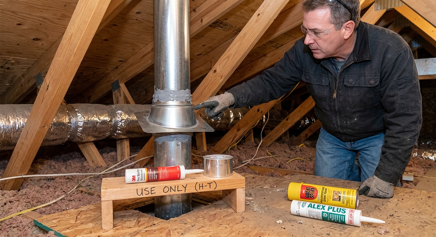 A hot flue penetration is identified as needing high-temperature materials.